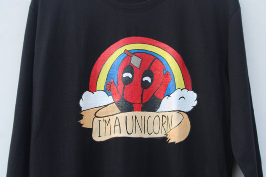 Detailed shot of Deadpool T-shirt design, highlighting the vibrant colors and textured artistry.